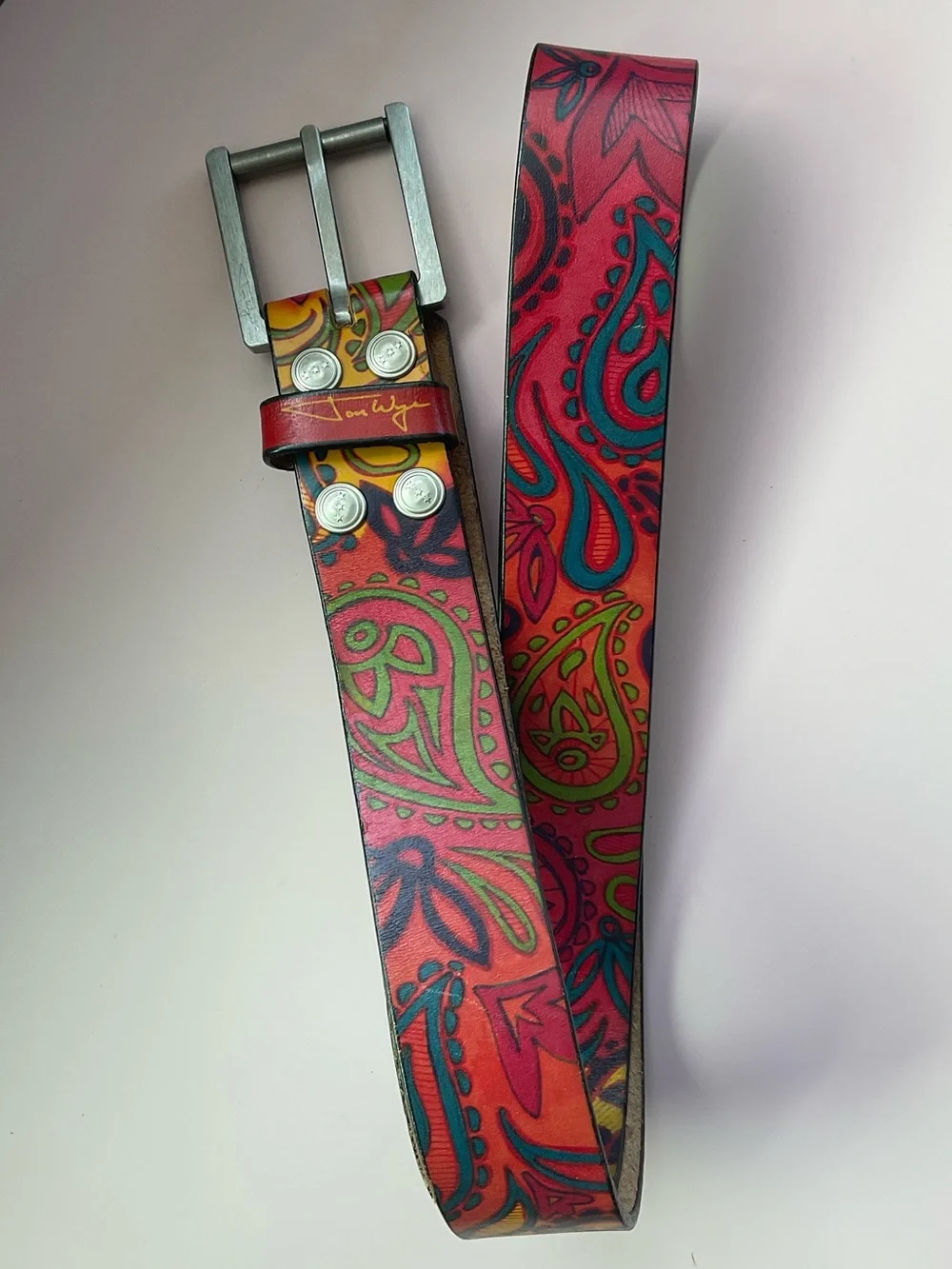 🎨Jon Wye Hand Drawn Paisley Leather Belt Made in USA Multicolor Geometric